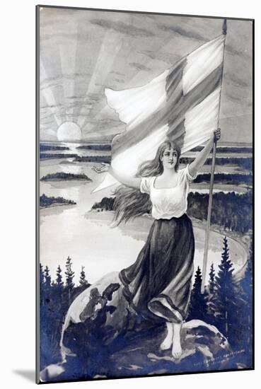 Patriotic Finnish Maiden Holding the Raised Flag of Finland-null-Mounted Giclee Print
