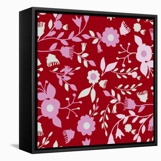 Pattern Branches on Red Background-Effie Zafiropoulou-Framed Stretched Canvas