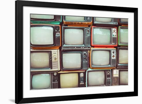 Pattern Wall of Pile Colorful Retro Television (Tv) - Vintage Filter Effect Style.-jakkapan-Framed Photographic Print