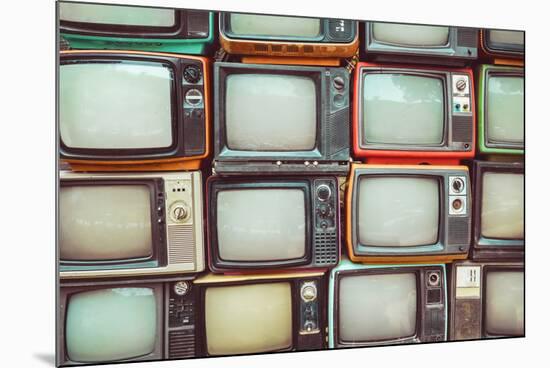 Pattern Wall of Pile Colorful Retro Television (Tv) - Vintage Filter Effect Style.-jakkapan-Mounted Photographic Print