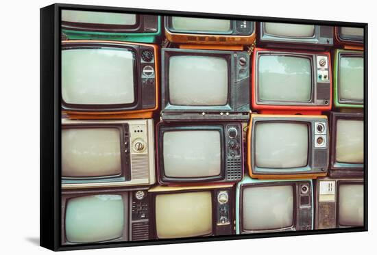 Pattern Wall of Pile Colorful Retro Television (Tv) - Vintage Filter Effect Style.-jakkapan-Framed Stretched Canvas