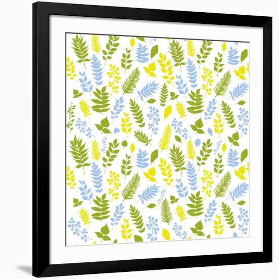 Pattern with Blue, Green and Yellow Leaves-Anna Ivanir-Framed Art Print