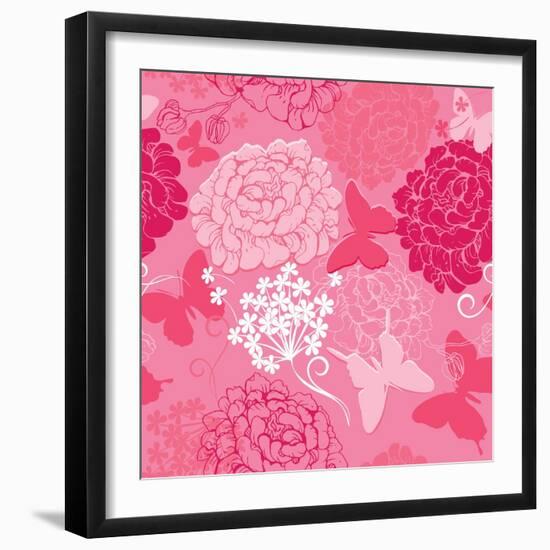 Pattern with Butterflies Silhouettes and Hand Drawn Flowers-lian2011-Framed Art Print