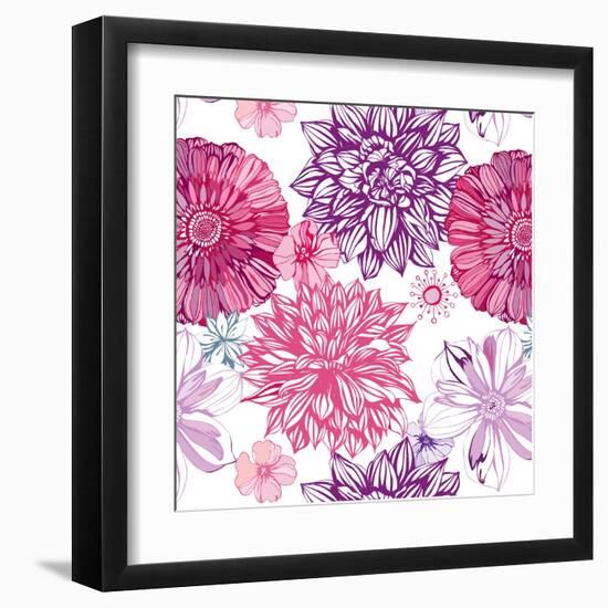 Pattern with Pink Asters and Dahlia-UyUy-Framed Art Print