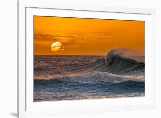 Pau Hana-Sunset & Wave breaking off of the Na Pali Coast of Kauai, Hawaii-Mark A Johnson-Framed Photographic Print