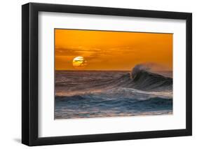 Pau Hana-Sunset & Wave breaking off of the Na Pali Coast of Kauai, Hawaii-Mark A Johnson-Framed Photographic Print