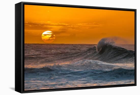 Pau Hana-Sunset & Wave breaking off of the Na Pali Coast of Kauai, Hawaii-Mark A Johnson-Framed Stretched Canvas