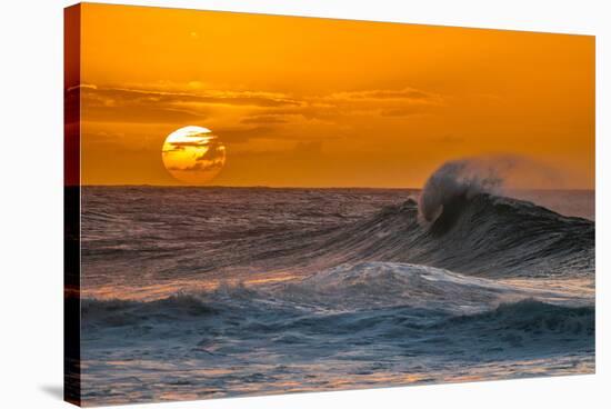 Pau Hana-Sunset & Wave breaking off of the Na Pali Coast of Kauai, Hawaii-Mark A Johnson-Stretched Canvas