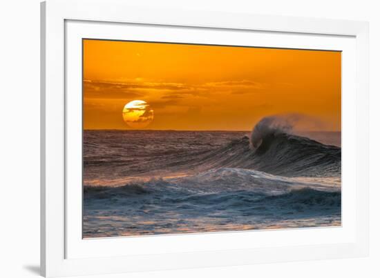 Pau Hana-Sunset & Wave breaking off of the Na Pali Coast of Kauai, Hawaii-Mark A Johnson-Framed Photographic Print