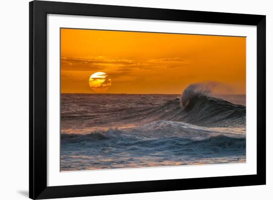 Pau Hana-Sunset & Wave breaking off of the Na Pali Coast of Kauai, Hawaii-Mark A Johnson-Framed Photographic Print