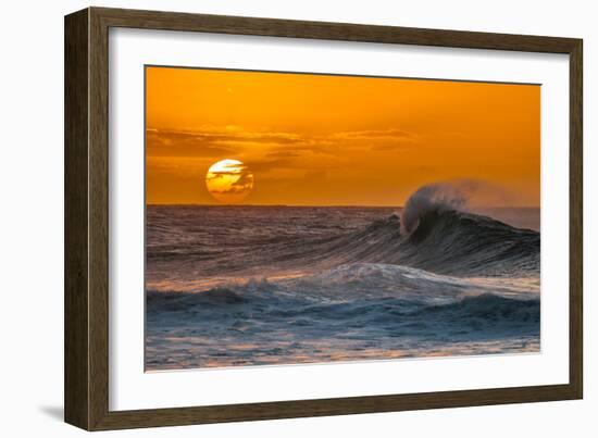 Pau Hana-Sunset & Wave breaking off of the Na Pali Coast of Kauai, Hawaii-Mark A Johnson-Framed Photographic Print