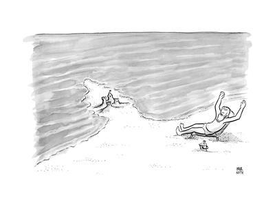 Moses is laying on a beach chair parting the sea around a sand castle. - New Yorker Cartoon