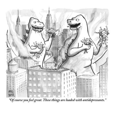"Of course you feel great. These things are loaded with antidepressants." - New Yorker Cartoon