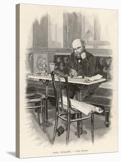 Paul Verlaine French Writer Writing at a Cafe Table-null-Stretched Canvas