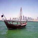 A Qatari Sailing Dhow, Called a Boom or Boum, with the National Flag Flying and the Doha Skyline-PaulCowan-Framed Photographic Print