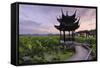 Pavilion, Lotus Field and Zig Zag Bridge at West Lake, Hangzhou, Zhejiang, China, Asia-Andreas Brandl-Framed Stretched Canvas