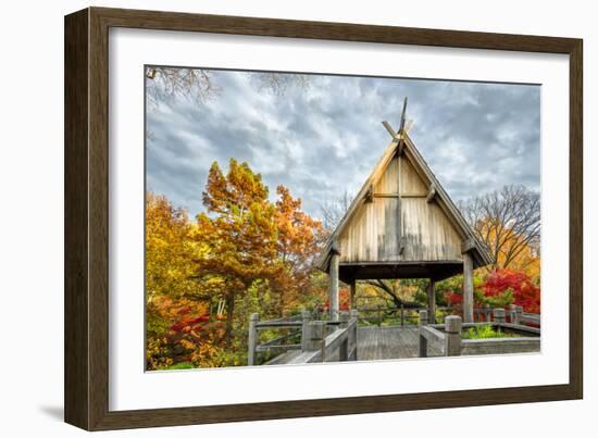 Pavillion Deck Surrounded by Autumn Foliage-Dean Fikar-Framed Photographic Print