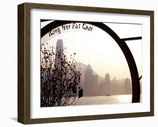 Pavillion on Kowloon Waterfront, Overlooking Victoria Harbour, Displays a Chinese New Year Message-Andrew Watson-Framed Photographic Print