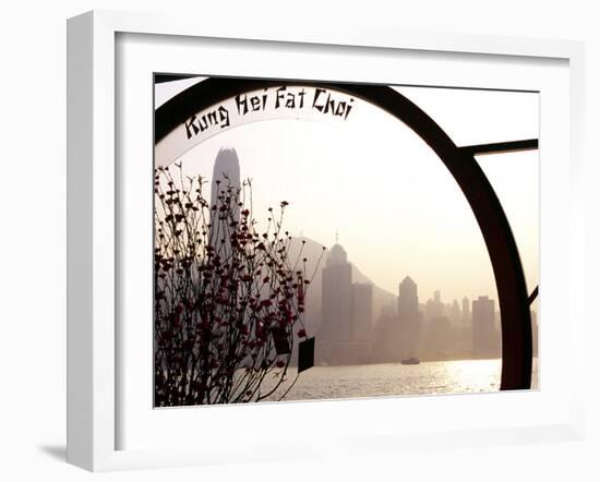 Pavillion on Kowloon Waterfront, Overlooking Victoria Harbour, Displays a Chinese New Year Message-Andrew Watson-Framed Photographic Print