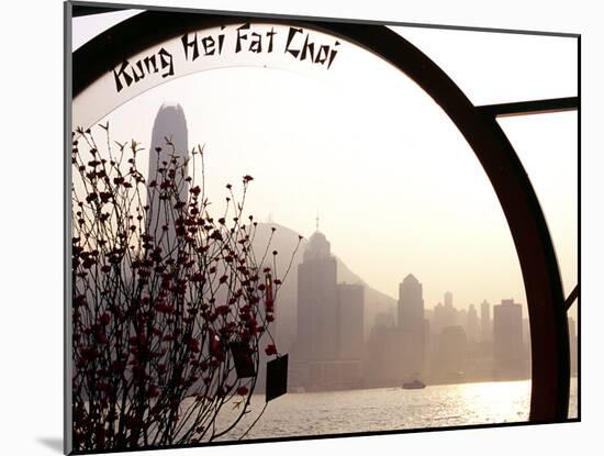 Pavillion on Kowloon Waterfront, Overlooking Victoria Harbour, Displays a Chinese New Year Message-Andrew Watson-Mounted Photographic Print