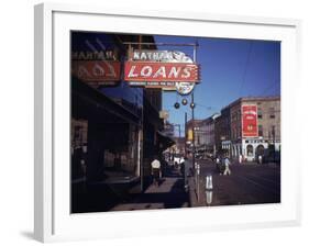 Pawnbroker Shop Sign Prominent Along a Street in Memphis-null-Framed Photographic Print