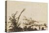 Paysage avec des figures sur le rivage et sur les barques-Guerchin Le-Stretched Canvas