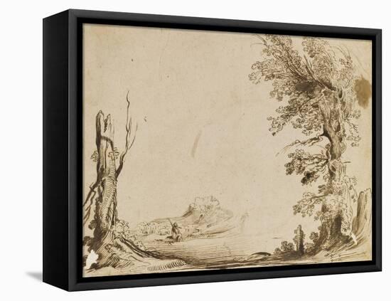 Paysage encadré d'un arbre et d'un tronc, avec un berger et son troupeau-Guerchin Le-Framed Stretched Canvas
