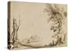Paysage encadré d'un arbre et d'un tronc, avec un berger et son troupeau-Guerchin Le-Stretched Canvas