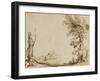 Paysage encadré d'un arbre et d'un tronc, avec un berger et son troupeau-Guerchin Le-Framed Giclee Print