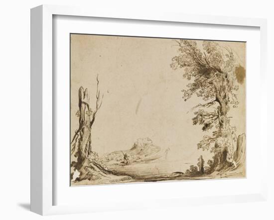 Paysage encadré d'un arbre et d'un tronc, avec un berger et son troupeau-Guerchin Le-Framed Giclee Print