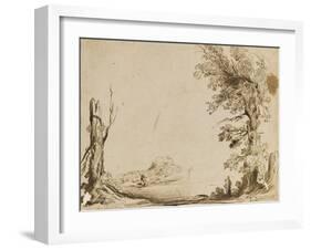 Paysage encadré d'un arbre et d'un tronc, avec un berger et son troupeau-Guerchin Le-Framed Giclee Print