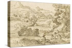 Paysage montagneux, avec un homme assis écoutant deux jeunes filles-Giovanni Francesco Grimaldi-Stretched Canvas