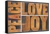 Peace, Love and Joy Typography Abstract-PixelsAway-Framed Stretched Canvas