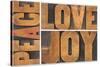 Peace, Love and Joy Typography Abstract-PixelsAway-Stretched Canvas