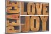 Peace, Love and Joy Typography Abstract-PixelsAway-Mounted Photographic Print