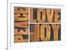 Peace, Love and Joy Typography Abstract-PixelsAway-Framed Photographic Print