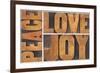 Peace, Love and Joy Typography Abstract-PixelsAway-Framed Photographic Print