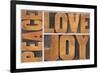 Peace, Love and Joy Typography Abstract-PixelsAway-Framed Photographic Print