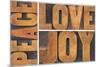 Peace, Love and Joy Typography Abstract-PixelsAway-Mounted Photographic Print