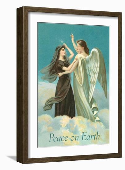 Peace on Earth, Lady with Angel on Clouds-null-Framed Art Print