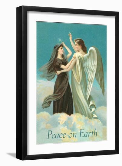 Peace on Earth, Lady with Angel on Clouds-null-Framed Art Print