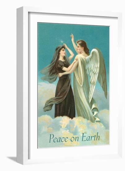 Peace on Earth, Lady with Angel on Clouds-null-Framed Art Print