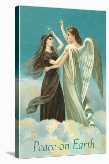 Peace on Earth, Lady with Angel on Clouds-null-Stretched Canvas