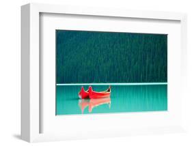 Peaceful Canoes on Lake Louise-null-Framed Premium Giclee Print