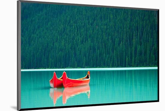 Peaceful Canoes on Lake Louise-null-Mounted Premium Giclee Print