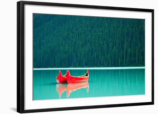 Peaceful Canoes on Lake Louise-null-Framed Premium Giclee Print