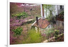Peach Blossoms, Chinese Roofs, Village, Chengdu, Sichuan, China-William Perry-Framed Photographic Print