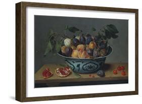 Peaches and Plums in a Blue and White Chinese Bowl, with Other Fruit on a Table-Joseph Bail-Framed Giclee Print