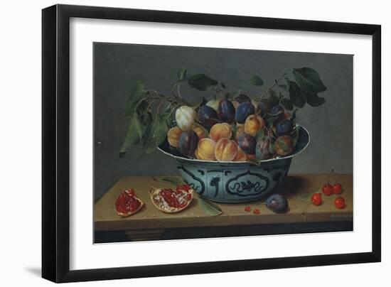 Peaches and Plums in a Blue and White Chinese Bowl, with Other Fruit on a Table-Joseph Bail-Framed Giclee Print