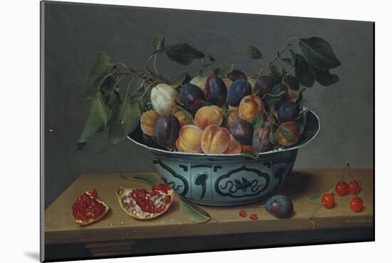 Peaches and Plums in a Blue and White Chinese Bowl, with Other Fruit on a Table-Joseph Bail-Mounted Giclee Print